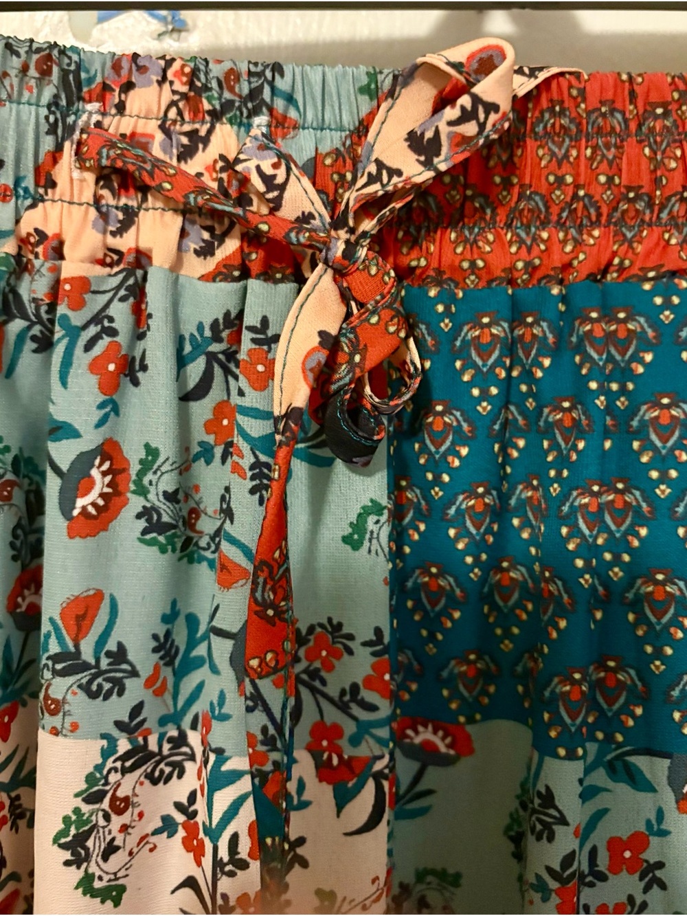 Boho Patchwork Maxi Skirt - Teal, Rust & Cream. Size medium. - Picture 5 of 7